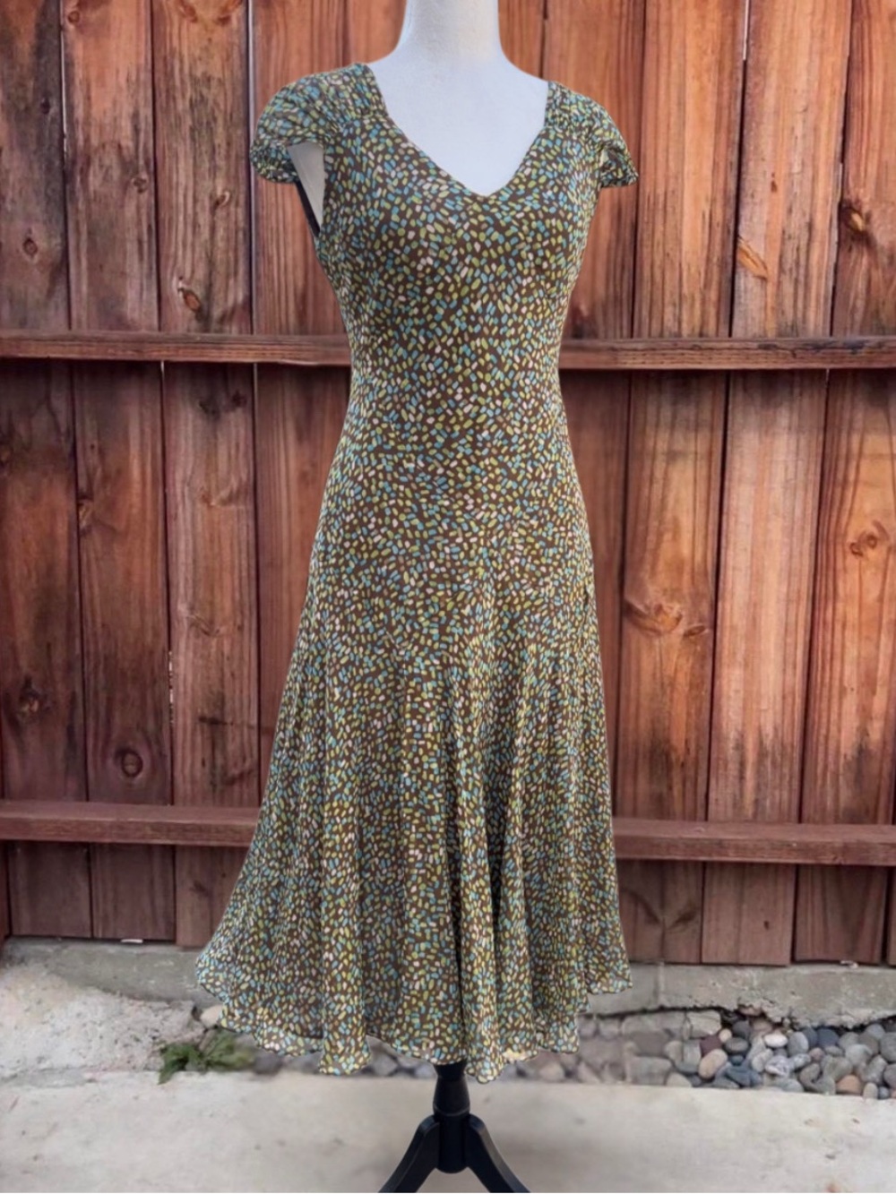 Pure Silk Vintage Y2K Mosaic
Print Cap Sleeve Midi Dress